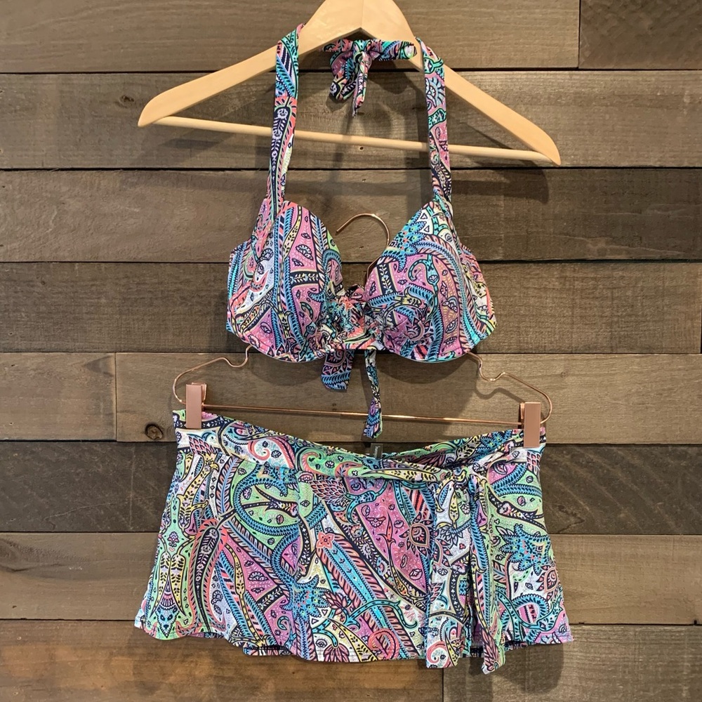 Tommy Bahama Women's Tropical Print Swim Bikini Set Underwire Halter Swim Skirt